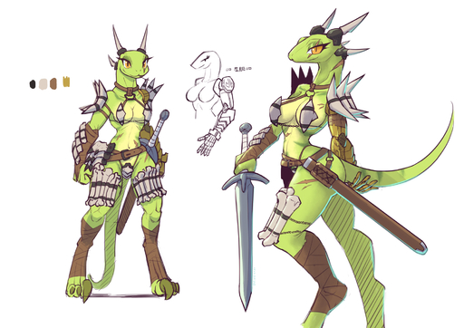 anthro armor bald big_breasts bikini_armor bone breasts claws clothed clothing color_swatch digitigrade eye_scar eyelashes facial_scar female forked_tongue green_body green_stripes hand_on_tail hi_res japanese_text kemono lizard long_eyelashes looking_at_viewer markings melee_weapon model_sheet non-mammal_breasts reptile sat_v12 scabbard scales scalie scar side_boob silvana_(sat_v12) skimpy smile solo standing step_pose striped_body striped_markings striped_scales striped_tail stripes sword tail_markings text toe_claws tongue tongue_out unconvincing_armor weapon yellow_eyes // 2000x1414 // 936.7KB