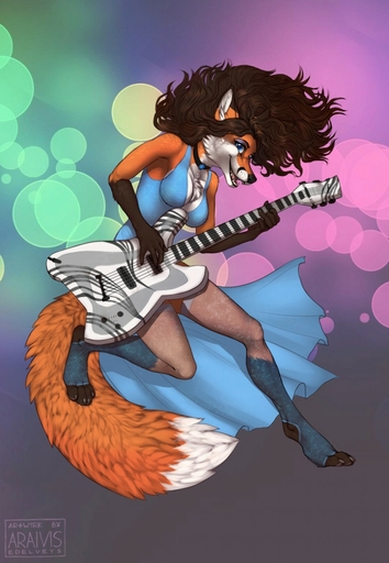 4_toes 5_fingers anthro araivis-edelveys black_nose blue_eyes breasts brown_hair canid canine cassie_the_rock_vixen chest_tuft clothed clothing collar digitigrade feet female fingers fluffy fluffy_tail fox fur hair hi_res mammal musical_instrument open_mouth orange_body orange_fur smile solo teeth toes tongue tuft // 886x1280 // 178.9KB
