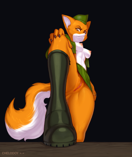 16:19 2019 absurd_res anthro army_uniform black_background boots bottomwear breasts canid canine chelodoy clothed clothing female footwear fox genitals glistening glistening_body glistening_clothing hat headgear headwear hi_res lt._fox_vixen mammal nipples no_underwear pussy simple_background skirt solo text // 3200x3800 // 3.2MB