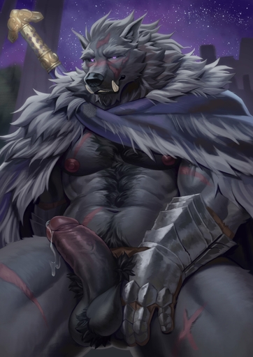 absurd_res adios anthro armor balls blaidd_(elden_ring) bodily_fluids body_hair canid canine canis cape chest_hair clothing facial_scar fur gauntlets genital_fluids genitals gloves handwear hi_res humanoid_genitalia humanoid_penis male mammal muscular muscular_anthro muscular_male nipples penis precum pubes scar solo video_games weapon wolf // 2480x3508 // 660.3KB