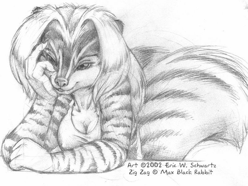 2002 4:3 anthro biped clothed clothing english_text eric_schwartz female fluffy fluffy_tail greyscale looking_at_viewer mammal mephitid monochrome sitting sketch skimpy skunk smile solo text zig_zag // 800x600 // 97.0KB