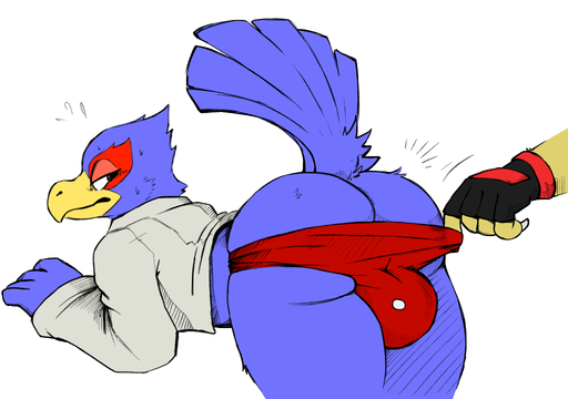 2017 anthro assisted_exposure avian beak bent_over bird blush bubble_butt bulge butt caraiothecario clothed clothing clothing_pull colored daftpatriot disembodied_hand duo edit falco_lombardi feathers fingerless_gloves fox_mccloud frown gloves half-closed_eyes handwear looking_back male male_focus narrowed_eyes nintendo partially_clothed simple_background solo_focus star_fox tail_feathers underwear underwear_pull undressing video_games // 1024x720 // 203.7KB