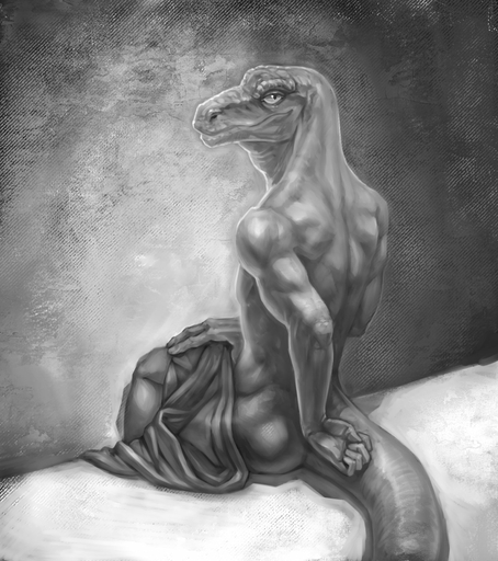5_fingers ambiguous_gender anthro athletic athletic_ambiguous athletic_anthro back_muscles biped butt clothed clothing fingers hi_res klongi lizard looking_at_viewer looking_back monochrome nude portrait pupils reptile scales scalie simple_background sitting slit_pupils solo topless // 1369x1543 // 348.6KB