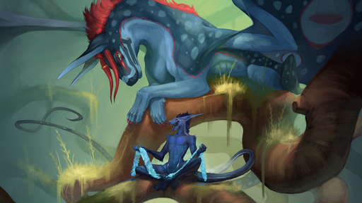 16:9 2018 anthro arcturas big_ears claws collar detailed_background digital_media_(artwork) dragon duo elemental_manipulation felkin feral forest fur hair haloren hi_res horn ice ice_manipulation male open_mouth plant red_hair ring sitting smile teeth tongue tree widescreen wings zephra // 1920x1080 // 1.0MB