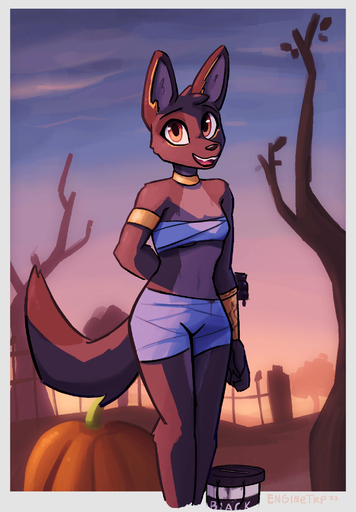 2022 anthro border canid canine canis clothed clothing cloud detailed_background digital_media_(artwork) enginetrap female fence food fruit hi_res jackal looking_at_viewer mammal midriff open_mouth open_smile outside plant pumpkin signature sky smile solo syl_(enginetrap) tree // 1452x2086 // 1.6MB
