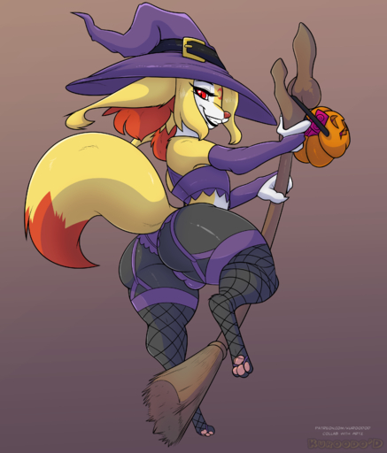absurd_res anthro armwear artz basket big_butt braixen broom butt canid canine cleaning_tool clothed clothing condom container crossdressing dipstick_tail fishnet fluffy fluffy_tail food fox fruit fur generation_6_pokemon genitals girly grey_background hat headgear headwear hi_res inner_ear_fluff knot kuroodod kuroodod_(fursona) lingerie looking_at_viewer male mammal markings panties pawpads paws penis pink_pawpads plant pokemon_(species) pumpkin purple_clothing rear_view red_body red_fur red_nose sexual_barrier_device simple_background smile solo staff tail_markings teeth tuft underwear video_games white_body white_fur witch_costume witch_hat yellow_body yellow_fur // 2803x3281 // 2.3MB