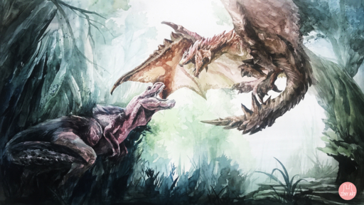 16:9 2019 absurd_res anjanath brute_wyvern capcom claws day detailed_background digital_media_(artwork) dragon duo feral flying_wyvern forest grass hi_res monster_hunter open_mouth outside plant rath_wyvern rathalos teeth tongue traditional_media_(artwork) tree video_games widescreen wyvern zinyart // 4032x2268 // 13.0MB