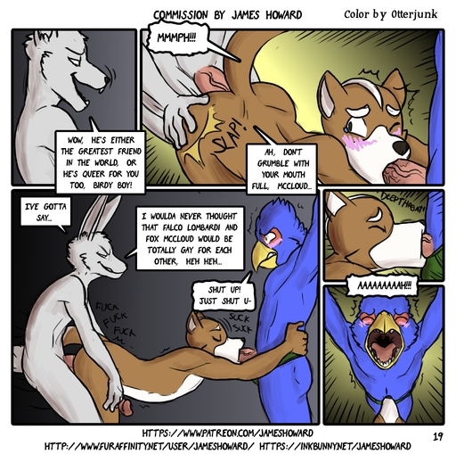 anal anal_penetration anthro avian bird bound canid canine comic deep_throat dialogue digital_media_(artwork) dominant dominant_male english_text erection eyes_closed falco_lombardi falcon falconid fellatio forced forced_partners fox fox_mccloud genitals group group_sex hi_res humanoid_genitalia humanoid_penis james_howard lagomorph leporid male malemale mammal open_mouth oral otterjunk penetration penile penis rabbit rape sex spanking spitroast submissive submissive_male text url vein video_games // 1821x1809 // 1.3MB