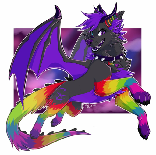 2017 canid canine citrinelle digital_media_(artwork) dragon fur furred_dragon hair hi_res hybrid mammal membrane_(anatomy) membranous_wings multicolored_body multicolored_fur paws purple_eyes purple_hair purple_nose purple_tongue rainbow_body rainbow_fur simple_background solo tongue wings // 1459x1448 // 1.6MB