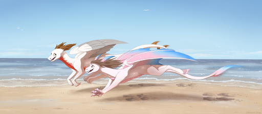 2019 beach claws day detailed_background digital_media_(artwork) dragon duo feathered_dragon feathered_wings feathers female feral green_eyes hi_res icelectricspyro male membrane_(anatomy) membranous_wings open_mouth outside purple_eyes sand scales scalie seaside shoreline sky teeth tongue water western_dragon white_body white_scales wings // 2744x1200 // 1.4MB