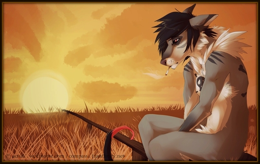 anthro biped black_hair border canid canine casual_nudity cigarette compass_(artist) day fur grey_body grey_fur hair male mammal mouth_hold nude outside short_hair side_view sitting sky smoke smoking solo sun sunset white_body white_fur // 1280x810 // 170KB