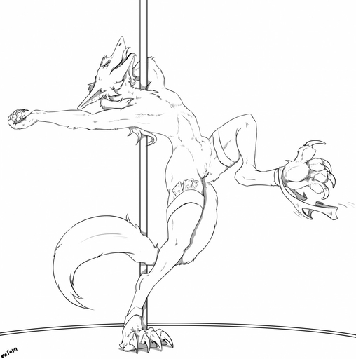 black_and_white claws clothed clothing dancing digitigrade female flat_chested genitals hi_res hindpaw legwear licking licking_lips looking_at_viewer monochrome mostly_nude panties panties_around_one_leg pawpads paws pole pole_dancing pussy self_lick sergal solo stockings toe_claws tongue tongue_out topless underwear underwear_around_one_leg zafara_(artist) // 1271x1280 // 136.9KB