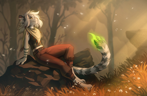 2022 anthro breasts clothed clothing day detailed_background digital_media_(artwork) digitigrade felid feline female grass hioshiru mammal outside pantherine plant sitting smile solo // 1350x879 // 1.7MB