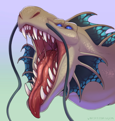 absurd_res ambiguous_gender barbel_(anatomy) blue_eyes bodily_fluids dragon ear_fins fangs feral fin flesh_whiskers frill_(anatomy) gaping_mouth hi_res membrane_(anatomy) membranous_frill mouth_shot multi_eye open_mouth quas_naart qwertydragon saliva simple_background solo teeth tongue tongue_out // 2479x2617 // 3.4MB