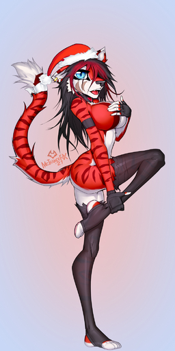 1:2 2021 5_fingers anthro big_breasts big_eyes black_hair blue_eyes breasts cherry_(macmegagerc) christmas_clothing christmas_headwear clothing curvaceous curvy_figure digital_media_(artwork) ear_piercing ear_ring fangs feet felid female fingers fur gloves hair hand_on_breast handwear hat headgear headwear hi_res holding_leg holidays legwear long_hair long_tail looking_at_viewer macmegagerc mammal on_one_leg open_mouth pantherine piercing raised_tail red_body red_fur red_hair red_stripes santa_hat simple_background slim solo standing stripes thigh_highs tiger tight_clothing tights tongue voluptuous white_body white_fur // 1080x2160 // 2.1MB