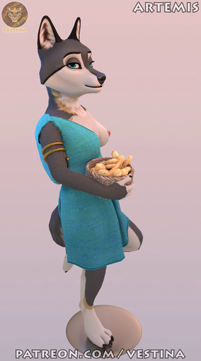 3d_(artwork) 4_fingers animated anthro artemis_(vestina) blue_eyes bracelet breasts canid canine canis claws clothing cookie digital_media_(artwork) exposed_breasts female fingers food fur grey_body grey_fur hi_res jewelry long_playtime mammal nipples no_sound nude pawpads smile smiling_at_viewer solo text tunic turntable_(animation) url vestina webm white_body white_fur wolf // 800x1440, 45.3s // 27.1MB