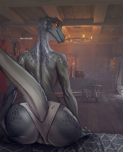2020 anthro argonian barrel bed bedding bethesda_softworks big_butt blanket breasts brick_wall butt candle chandelier clothed clothing clothing_aside detailed_background digital_media_(artwork) fabric female furniture genitals glowing glowing_eyes hand_on_butt inside lantern looking_at_viewer looking_back looking_back_at_viewer medieval_shield melee_weapon non-mammal_breasts open_door orange_eyes panties panties_aside partially_clothed pussy raised_tail roof round_shield scalie shield sitting skygracer smile snow solo stool sword targe the_elder_scrolls topless underwear underwear_aside video_games wall_(structure) weapon wood_floor wood_flooring wooden_floor // 895x1100 // 230.7KB