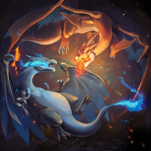 1:1 2013 abstract_background ambiguous_gender belly claws digital_media_(artwork) dragon duo feral fire flying kuranaga15 looking_at_another mega_charizard mega_charizard_x mega_charizard_y mega_evolution membrane_(anatomy) membranous_wings nintendo open_mouth pokemon pokemon_(species) red_eyes scalie tongue video_games wings // 1008x1008 // 1.2MB