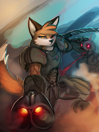3:4 anthro armor black_nose blood bodily_fluids body_armor canid canine cosplay demon digital_media_(artwork) doom_slayer duo fox foxboy83_(character) general-irrelevant gun hi_res holding_gun holding_object holding_weapon looking_at_viewer male mammal one_eye_closed ranged_weapon solo_focus video_games violence weapon // 1080x1440 // 661.2KB