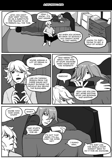 bed bedding bedroom black_and_white blanket clothing comic dialogue dresser english_text furniture grimart hair howl_(grimart) humanoid leto_(grimart) long_hair lying male monochrome not_furry phone pillow shirt simple_background sitting text topwear white_background white_hair white_wall // 620x877 // 317.6KB