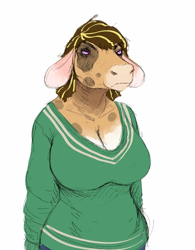 anthro big_breasts bovid bovine breasts cattle cleavage clothed clothing digital_media_(artwork) female green_clothing green_sweater green_topwear guide_lines hair half-length_portrait hi_res hladilnik long_ears mammal monotone_background multicolored_body multicolored_hair portrait purple_eyes simple_background sketch solo spots sweater three-quarter_portrait topwear two_tone_hair white_background // 1280x1646 // 196.3KB
