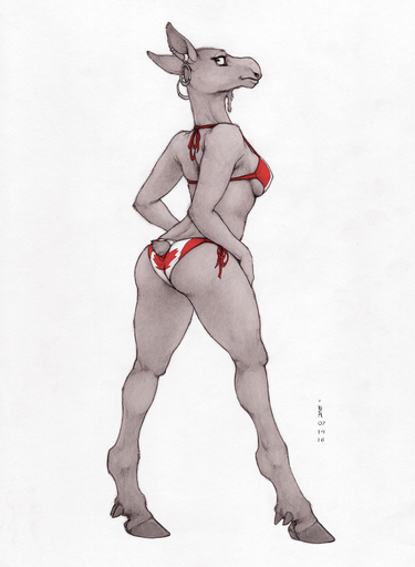 2016 anthro bikini biped breasts butt canadian_flag capreoline cervid clothing dewlap_(anatomy) ear_piercing ecmajor female fur furgonomics grey_body grey_fur hi_res hooves long_legs looking_at_viewer looking_back mammal moose piercing pinup pose rear_view simple_background smile solo standing swimwear tail_button_bottoms tail_clothing white_background // 1292x1764 // 3.3MB