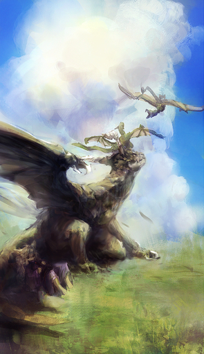 ambiguous_gender anthro canid canine clothed clothing cloud dragon eiminsansan female feral flying fox fully_clothed group hair hi_res horn kemono larger_feral long_hair mammal membrane_(anatomy) membranous_wings outside painting_(artwork) scalie sitting size_difference sky smaller_anthro traditional_media_(artwork) western_dragon white_hair wings // 900x1560 // 2.0MB