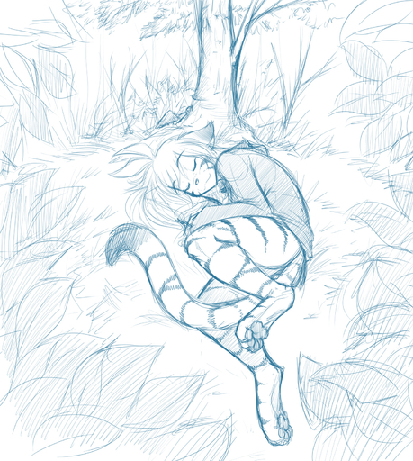 :3 anthro biped bottomless casual_exposure clothed clothing conditional_dnp curled_up digitigrade eyes_closed felid female flora_(twokinds) fur hair hi_res keidran long_hair lying mammal monochrome outside pantherine pawpads plant shirt sketch sleeping smile solo striped_body striped_fur stripes tiger tom_fischbach topwear tree twokinds webcomic webcomic_character // 1458x1626 // 1015.2KB