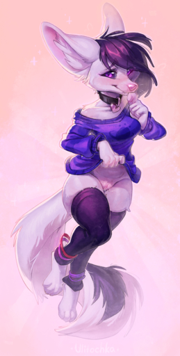 2020 absurd_res adra anthro black_sclera blush bodily_fluids breasts canid canine clothed clothing clothing_lift collar collar_tag digital_media_(artwork) female fox genital_fluids genitals hi_res inner_ear_fluff mammal no_underwear purple_eyes pussy pussy_juice shirt shirt_lift short_stack simple_background solo sweater topwear tuft ulitochka // 1300x2565 // 4.9MB
