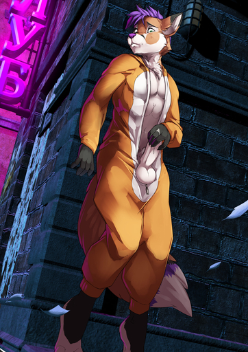 abs alley anthro aroused bodily_fluids canid canine clothed clothing embarrassed erection exhibitionism exposed fox genital_fluids genitals hair hi_res jumpsuit kigufox kigurumi looking_at_viewer male mammal masturbation mohawk muscular muscular_anthro muscular_male neon_sign night onesie outside partially_clothed penile penile_masturbation penis precum purple_hair semi_public sign solo twinkle-sez unzipped worried // 905x1280 // 1.1MB