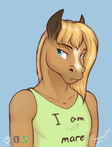 2017 anthro blonde_hair blue_eyes clothed clothing digital_media_(artwork) equid equine fur golden_wing hair hi_res horse looking_at_viewer male mammal multicolored_body multicolored_fur portrait reaper3d shirt simple_background solo tank_top topwear // 1600x2100 // 1.3MB
