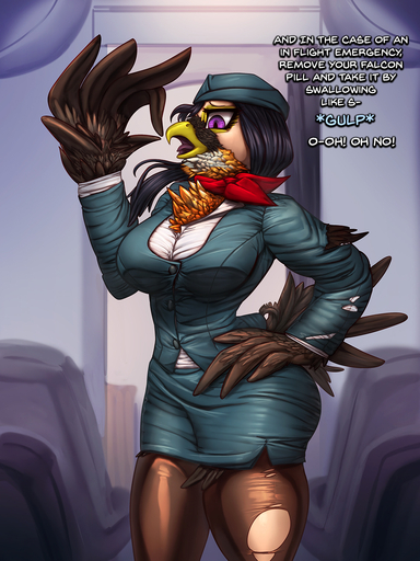 aircraft airplane anthro ascot avian beak big_breasts bird bottomwear breasts businesswear chest_tuft clothing dialogue falcon falconid feather_hands feathers female flight_attendant general-irrelevant hand_on_hip hat headgear headwear hi_res human human_to_anthro mammal purple_eyes skirt solo species_transformation standing suit torn_clothing transformation tuft wide_hips winged_arms wings // 1080x1440 // 748.3KB