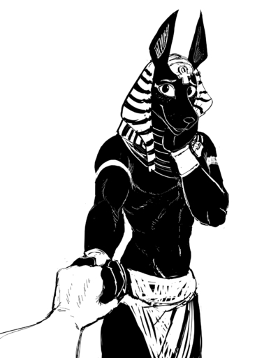 ankh anthro anubian_jackal anubis black_body black_fur canid canine canis deity duo egyptian_mythology first_person_view fur hand_holding headdress hi_res hladilnik jackal line_art looking_at_viewer male mammal middle_eastern_mythology monochrome muscular muscular_anthro muscular_male mythology smile solo_focus // 1280x1646 // 140.1KB