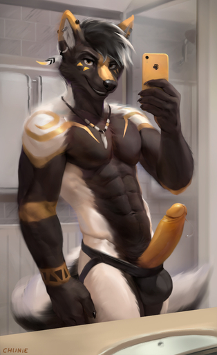 2019 abs anthro athletic athletic_anthro athletic_male balls bathroom big_penis black_body black_fur bodily_fluids canid canine canis cellphone chunie clothed clothing detailed_background digital_media_(artwork) dripping ear_piercing erection foreskin fox fur genital_fluids genitals hi_res holding_cellphone holding_object holding_phone humanoid_genitalia humanoid_penis hybrid inside jewelry jockstrap looking_at_viewer male mammal muscular muscular_male navel necklace partially_clothed pecs penis phone piercing precum precum_drip retracted_foreskin selfie smile solo topless underwear white_body white_fur wolf yellow_body yellow_fur zaccai // 784x1280 // 365.3KB