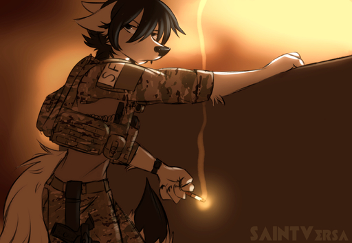 ambiguous_gender canid canine cigarette hi_res mammal military saintversa smoking solo tactical // 2778x1915 // 2.0MB