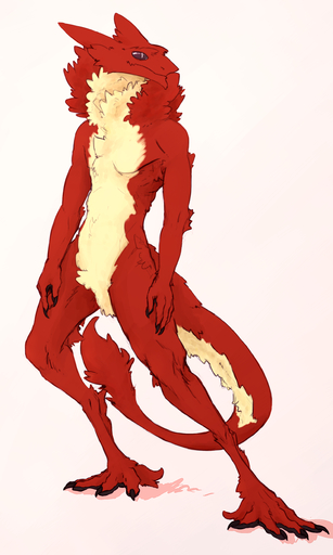 3:5 absurd_res anthro biped fluffy full-length_portrait fur hi_res male multicolored_body multicolored_fur nude portrait purple_sclera raptoral raptoral_(character) red_body red_fur sergal simple_background solo standing tuft two_tone_body two_tone_fur // 1500x2500 // 1.3MB