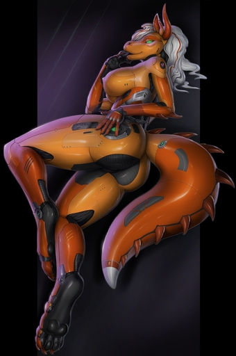 2017 anthro breasts claws digitigrade dragon female fingers genitals green_eyes hair hi_res machine non-mammal_breasts pawpads pussy rakisha robot scalie simple_background smile solo white_hair // 1061x1600 // 272KB