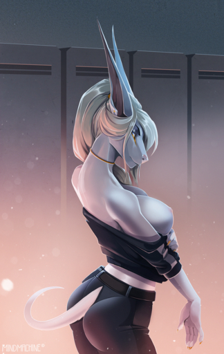 5_fingers acrador anthro areola breasts canid canine canis claws clothed clothing detailed_background female fingers fur hair hi_res jackal mammal mindmachine nipples side_boob solo standing undressing white_body white_fur white_hair // 886x1400 // 2.6MB