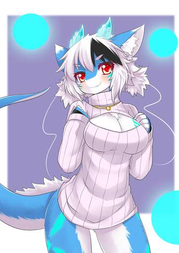 2014 anthro big_breasts blue_body blue_fur bottomless breasts chest_tuft cleavage cleavage_cutout clothed clothing collar digital_media_(artwork) dragon female fur furred_dragon hair ice kemono keyhole_turtleneck looking_at_viewer multicolored_hair non-mammal_breasts portrait red_eyes ribbed_clothing ribbed_sweater simple_background smile solo sweater thigh_gap three-quarter_portrait topwear tuft two_tone_hair white_body white_fur white_hair wolflong wolflong_(character) // 827x1169 // 469.6KB