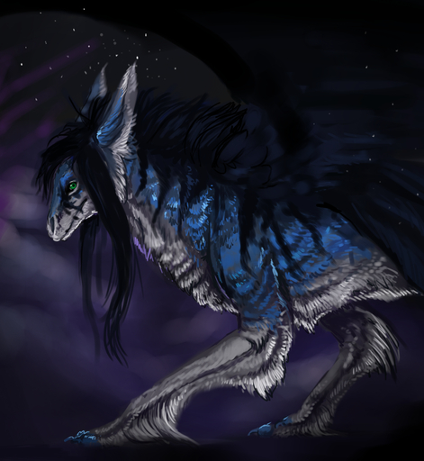 2014 black_hair blue_body blue_fur digital_media_(artwork) dragon feral fur furred_dragon green_eyes hair night outside shwonky solo standing // 988x1074 // 866.4KB