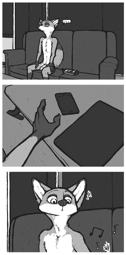 anthro canid canine circumcised comic disney flaccid fox furniture genitals hi_res luraiokun male mammal monochrome nick_wilde nude penis phone sofa solo zootopia // 950x1920 // 1.3MB