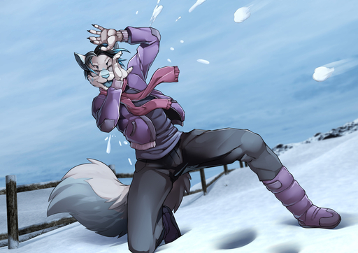 2019 anthro blue_nose canid canine clothed clothing day detailed_background digital_media_(artwork) eyes_closed fox mammal open_mouth outside smile snow snowball solo twinkle-sez // 1280x905 // 567.9KB