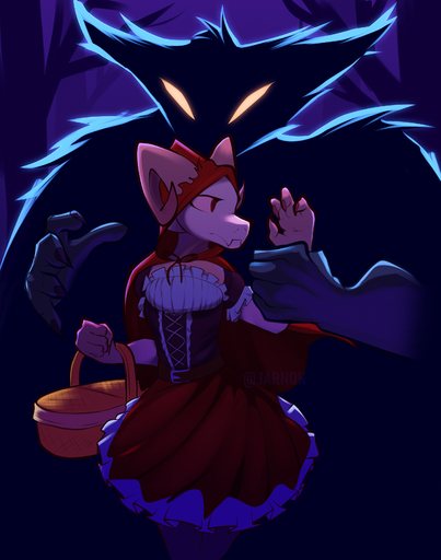 absurd_res anthro basket bottomwear canid canine canis clothing container digital_media_(artwork) duo female glowing glowing_eyes grabbing_arm hi_res imminent_sex jarnqk kobold little_red_riding_hood lya_(jarnqk) male malefemale mammal shaded skirt wolf // 2600x3300 // 5.1MB