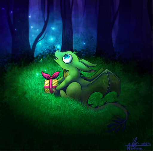 blue_eyes detailed_background dragon feral forest gift grass hi_res membrane_(anatomy) membranous_wings neytirix outside plant sitting smile solo tree wings // 1994x1961 // 1.4MB