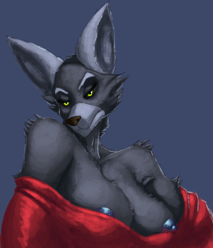 anthro big_breasts black_sclera blue_nipples breasts canid canine canis clothed clothing female fur green_eyes looking_at_viewer mammal multicolored_body nipples partially_clothed red_clothing seductive solo soulharvest wolf // 910x1057 // 641.8KB