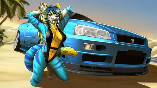 16:9 2020 anthro breasts clothed clothing day detailed_background digital_media_(artwork) eyebrows eyelashes felid female fur kneeling mammal nissan_skyline outside pantherine sky smile striped_body striped_fur stripes tales_foxdale tiger widescreen yellow_body yellow_fur // 1280x720 // 230.1KB