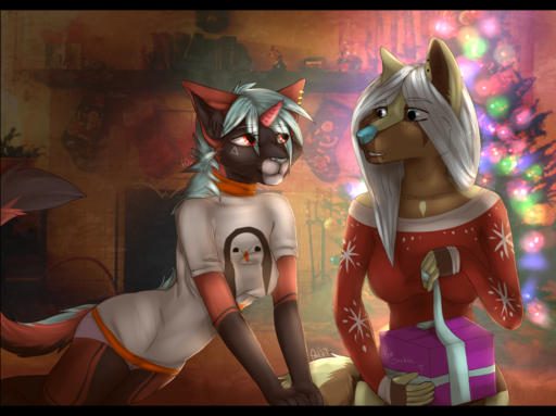 5_fingers anthro black_bars blue_nose breasts canid canine clothed clothing detailed_background digital_media_(artwork) domestic_cat duo felid feline felis female fingers hi_res mammal padjetxharrington red_eyes smile // 1600x1197 // 2.1MB