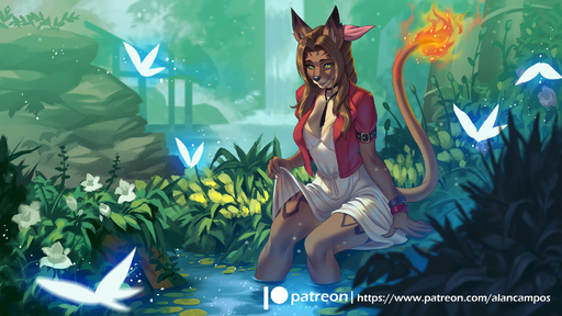 16:9 2020 aerith_gainsborough alanscampos alternate_species anthro brown_hair clothed clothing clothing_lift digital_media_(artwork) female fire flaming_tail flower furrification grass green_eyes hair hi_res mammal partially_submerged plant solo text url video_games water waterfall widescreen // 2000x1125 // 578.5KB