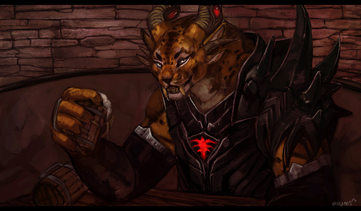 alcohol anthro armor beverage black_bars charr conditional_dnp felid female grin guild_wars holding_object letterbox looking_at_viewer male mammal muscular muscular_anthro oouna smile solo tankard video_games // 1234x720 // 633.9KB