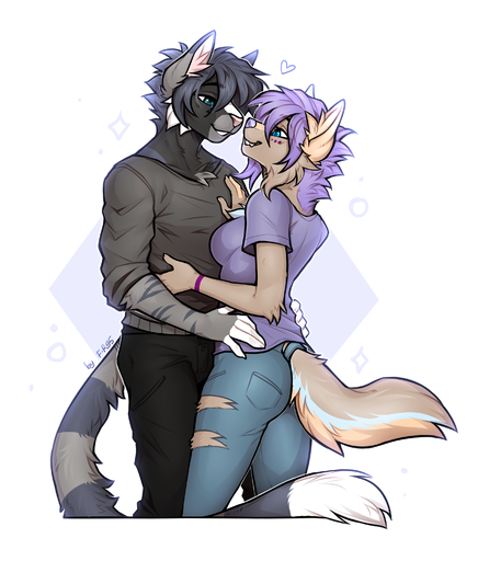 2021 5_fingers absurd_res anthro black_body black_fur blue_eyes breasts canid canine canis clothed clothing digital_media_(artwork) domestic_dog duo f-r95 felid feline female fingers fur furgonomics hair hi_res male mammal purple_hair smile // 2632x3088 // 3.0MB